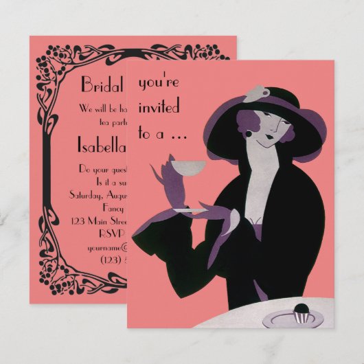 Art Deco Afternoon Tea Vrijgezellenfeest Party Kaart (Voorkant / Achterkant)