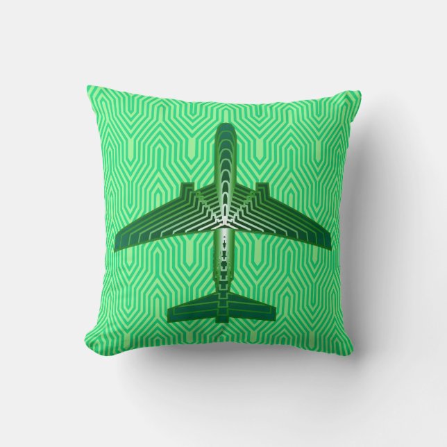 Art Deco Airplane, Emerald en Jade Green Kussen (Voorkant)