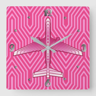 Art Deco Airplane, Fuchsia and Pastel Pink Vierkante Klok
