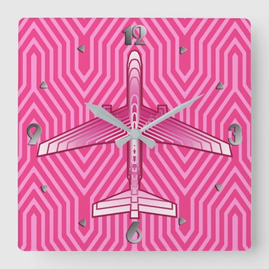 Art Deco Airplane, Fuchsia and Pastel Pink Vierkante Klok (Voorkant)
