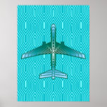 Art Deco Airplane, Turquoise, Blauwgroen en Aqua Poster<br><div class="desc">Afdrukken in een kunstdeco-geïnspireerd concept van een futuristisch vliegtuig,  in een gestreepte,  zijdeachtige gradiënt van blauwgroen,  turquoise en aqua,  op een achtergrond van turquoise en aqua,  op de achtergrond van Deco</div>