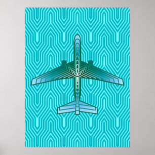 Art Deco Airplane, Turquoise, Blauwgroen en Aqua Poster