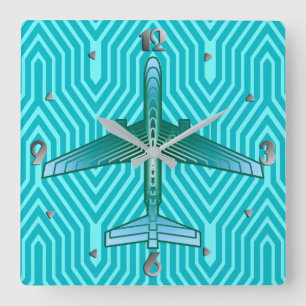 Art Deco Airplane, Turquoise, Blauwgroen en Aqua Vierkante Klok