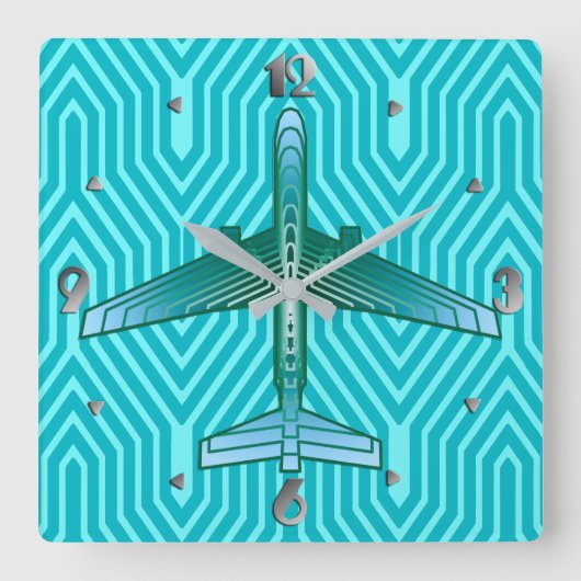 Art Deco Airplane, Turquoise, Blauwgroen en Aqua Vierkante Klok (Voorkant)