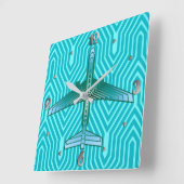 Art Deco Airplane, Turquoise, Blauwgroen en Aqua Vierkante Klok (Hoek)