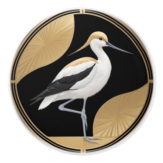 Art Deco Amerikaanse Avocet Vogel Zwart Wit Goud Keramische Knop (Voorkant)