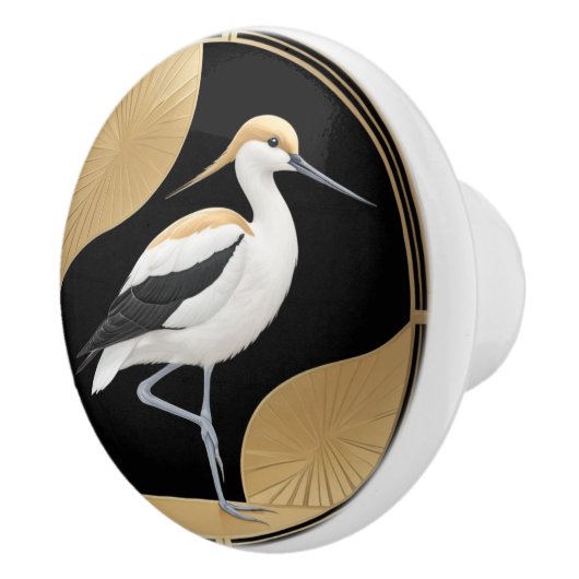 Art Deco Amerikaanse Avocet Vogel Zwart Wit Goud Keramische Knop (Rechts)
