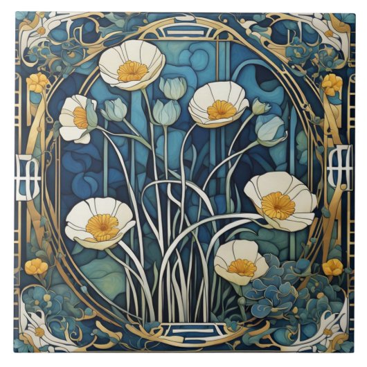 Art Deco Anemone Bloemen Art Nouveau Blauw Bloemen Tegeltje (Voorkant)