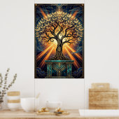 Art Deco Angelic Feather Tree Gold & Midnight Post Poster (Keuken)