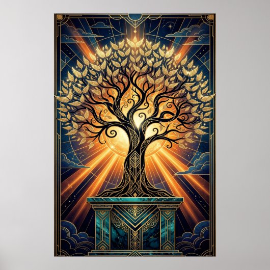 Art Deco Angelic Feather Tree Gold & Midnight Post Poster (Voorkant)