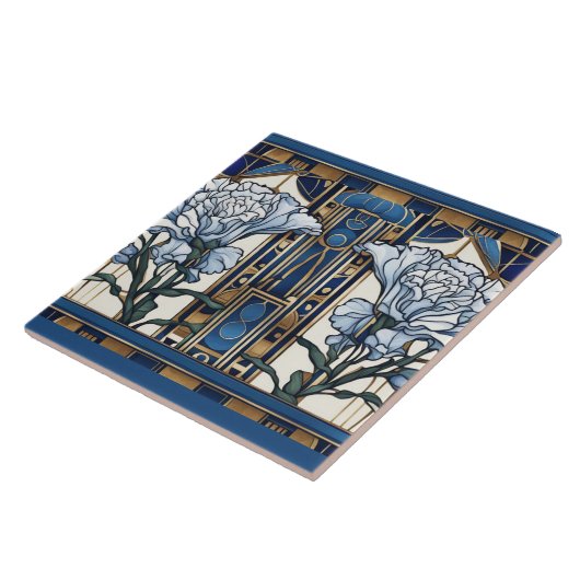 Art Deco Anjer Bloemen Art Nouveau Blauw Bloemen Tegeltje (Zijkant)