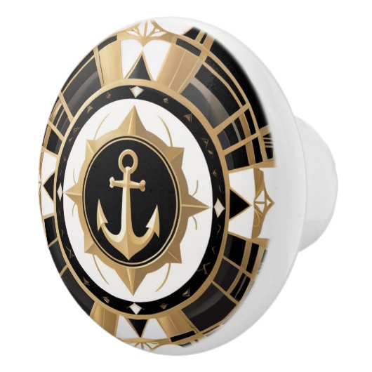 Art Deco Anker Zwart en Goud Nautisch Keramische Knop (Rechts)