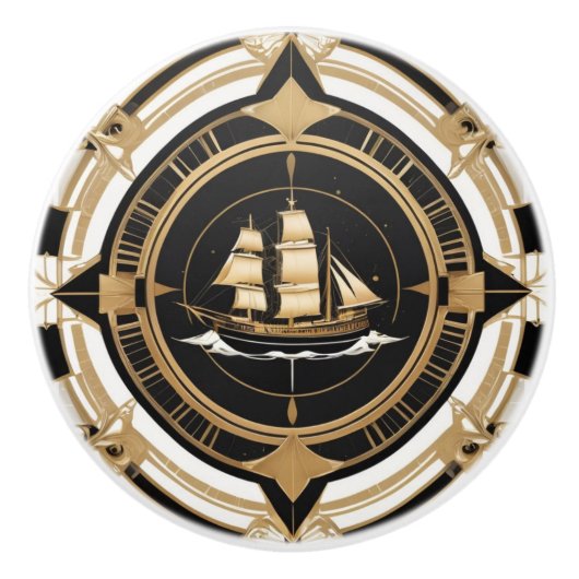 Art Deco Antiek Schip Zwart Wit Goud Nautisch Keramische Knop (Voorkant)
