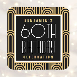 Art Deco Any Age Birthday Party Name Black Gold Vierkante Sticker