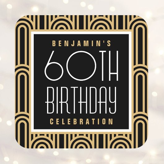Art Deco Any Age Birthday Party Name Black Gold Vierkante Sticker