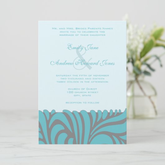 Art Deco Aqua wervelt bruiloft uitnodiging (Staand voorkant)