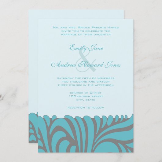 Art Deco Aqua wervelt bruiloft uitnodiging (Voorkant / Achterkant)