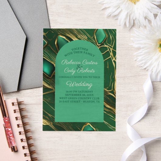 Art Deco Arch Dark Emerald Green Wedding Vellum Uitnodigingen (Huwelijk)