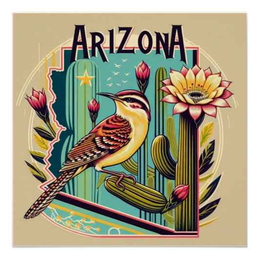 Art Deco Arizona State vogel- en bloemontwerp Perfect Poster (Voorkant)