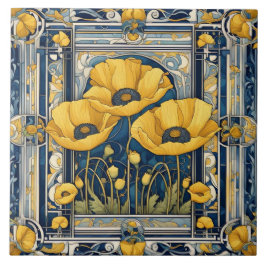 Art Deco Art Nouveau Geel Poppy Bloemen Blauw Tegeltje