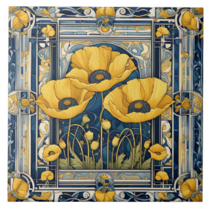 Art Deco Art Nouveau Geel Poppy Bloemen Blauw Tegeltje