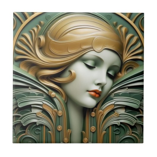  Art Deco Art Nouveau Green Gold Tegeltje (Voorkant)