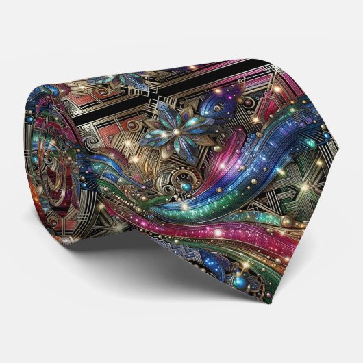 Art Deco Art Nouveau Rainbow Circuit Board Necktie Stropdas (Opgerold)