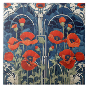Art Deco Art Nouveau Rood Klaproos Bloemen Blauw Tegeltje