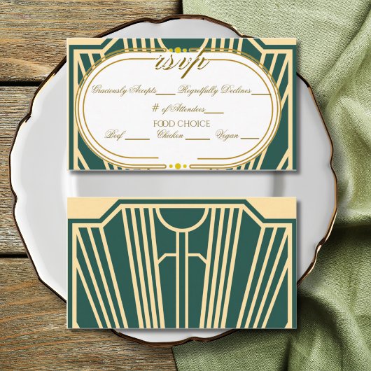 Art Deco Art Nouveau Striped Gold Tone RSVP Informatiekaartje