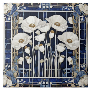 Art Deco Art Nouveau Wit Klaproos Bloemen Blauw Tegeltje