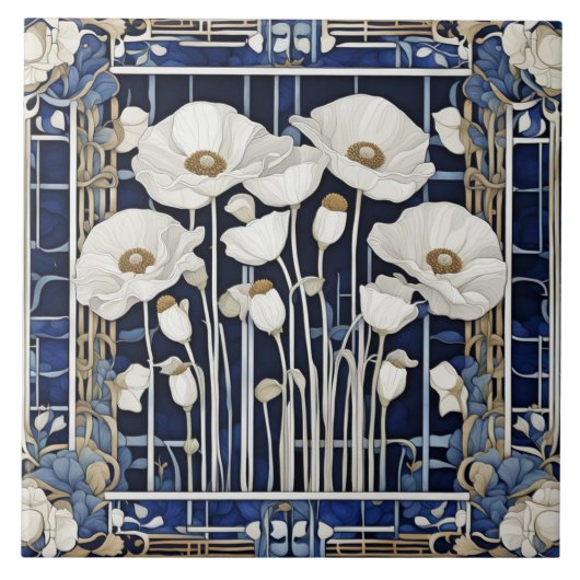 Art Deco Art Nouveau Wit Klaproos Bloemen Blauw Tegeltje (Voorkant)