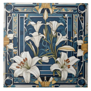 Art Deco Art Nouveau Witte Lelie Bloem Blauw Bloem Tegeltje