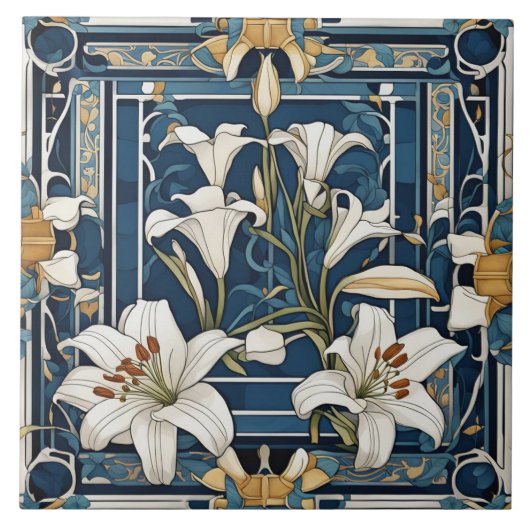 Art Deco Art Nouveau Witte Lelie Bloem Blauw Bloem Tegeltje (Voorkant)