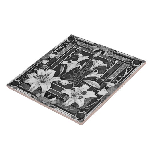 Art Deco Art Nouveau Witte Lelie Bloem Grijs Bloem Tegeltje (Zijkant)