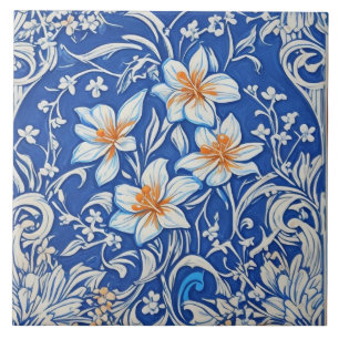Art Deco Art Nouveau Witte Lelie Bloemen op Blauw Tegeltje