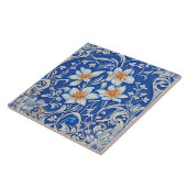 Art Deco Art Nouveau Witte Lelie Bloemen op Blauw Tegeltje (Zijkant)