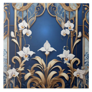 Art Deco Art Nouveau Witte Orchidee Bloemen op Bla Tegeltje