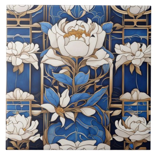 Art Deco Art Nouveau Witte Pioen Bloem Blauw Tegeltje (Voorkant)