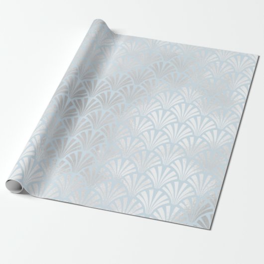 Art Deco Baby Blue Silver Grey Scales Seashells Cadeaupapier (Uitgerold)