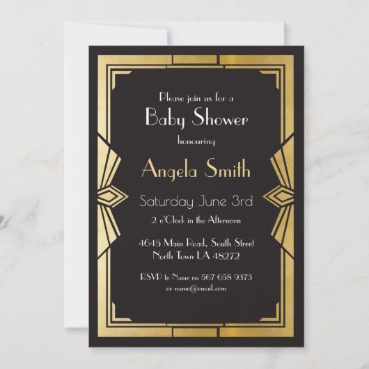 Art Deco Baby shower Gatsby Black Invite 1920's Kaart (Voorkant)