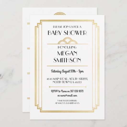 Art Deco Baby shower Gatsby Gold Invite 1920 Kaart (Voorkant / Achterkant)