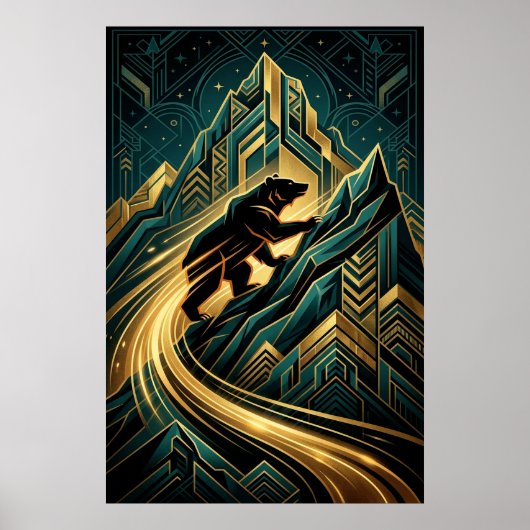 Art Deco Bear Mountain Climb Golden Path Poster (Voorkant)