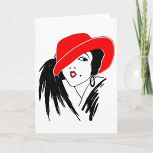 Art Deco Beauful Woman Red Pet Kaart