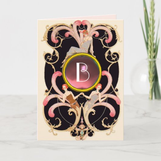 ART DECO BEAUTY MODE PINK GEM MONOGRAM Birthday Kaart (Voorkant)