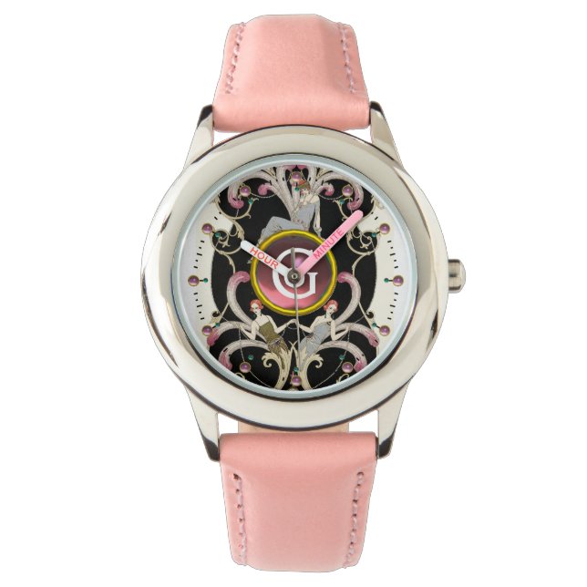 ART DECO BEAUTY MODE PINK GEMSTONE MONOGRAM HORLOGE (Voorkant)
