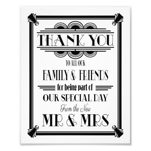 art deco, bedankt teken, trouwbord BLACK TEKST Foto Afdruk (Voorkant)