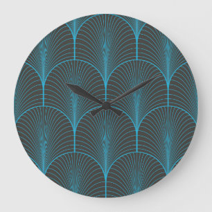 Art deco behang: zwart en blauw patroon grote klok