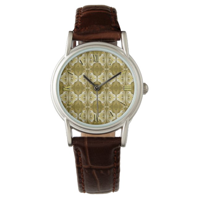 Art Deco-behangselpatroon - goud en wit Horloge (Voorkant)
