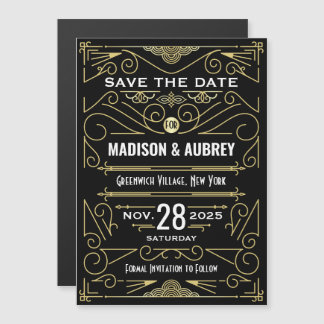 Art Deco Bewaar de datum Bruiloft Elegant Goud Zwa Magnetische Uitnodiging
