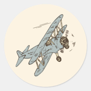 Art Deco Bi-planes - blauw geen tekst. Ronde Sticker